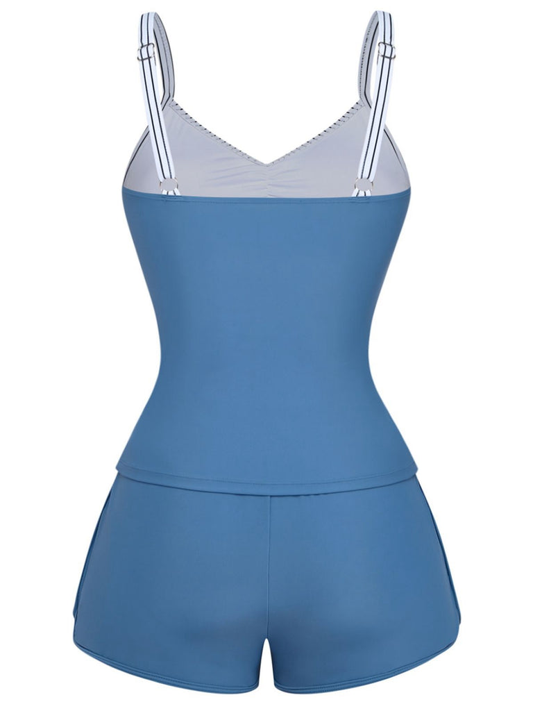 Blue 1940s Striped Pocket Ruched Swimsuit - vintage swimsuit, pin-up style