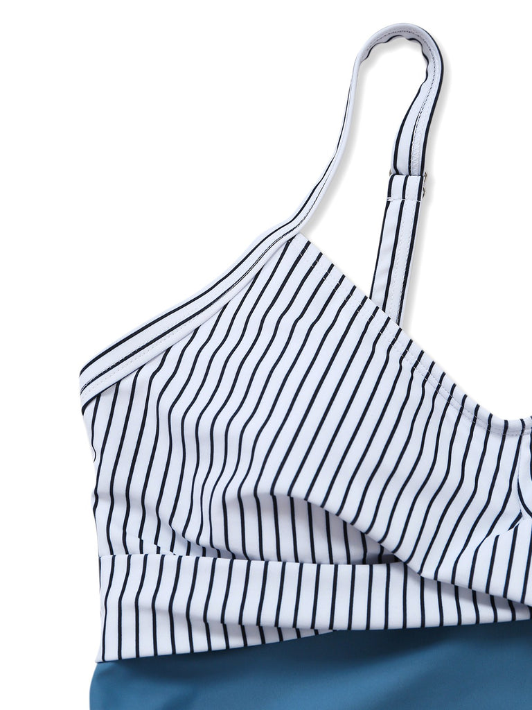 Blue 1940s Striped Pocket Ruched Swimsuit - vintage swimsuit, pin-up style
