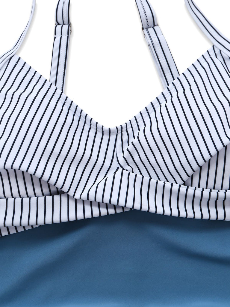 Blue 1940s Striped Pocket Ruched Swimsuit - vintage swimsuit, pin-up style