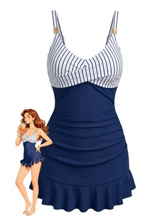 Blue 1940s Striped Ruched Tummy-Control Swimsuit - vintage swimsuit, pin-up swimwear for vintage lovers