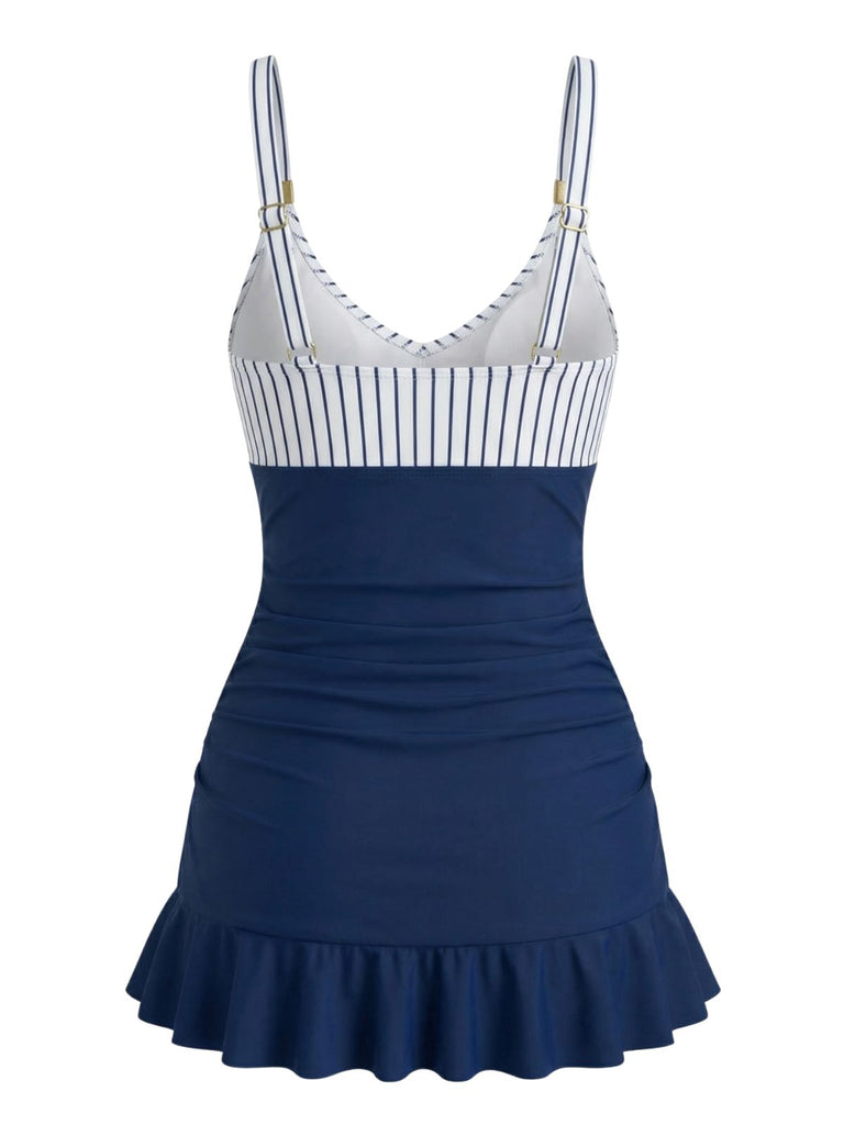 Blue 1940s Striped Ruched Tummy-Control Swimsuit - vintage swimsuit, pin-up swimwear for vintage lovers