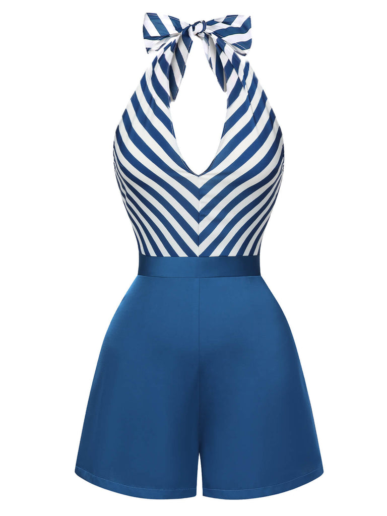 Blue 1940s Symmetrical Stripe V-Neck Halter Romper, vintage romper, retro jumpsuit - perfect for women who love vintage and retro fashion