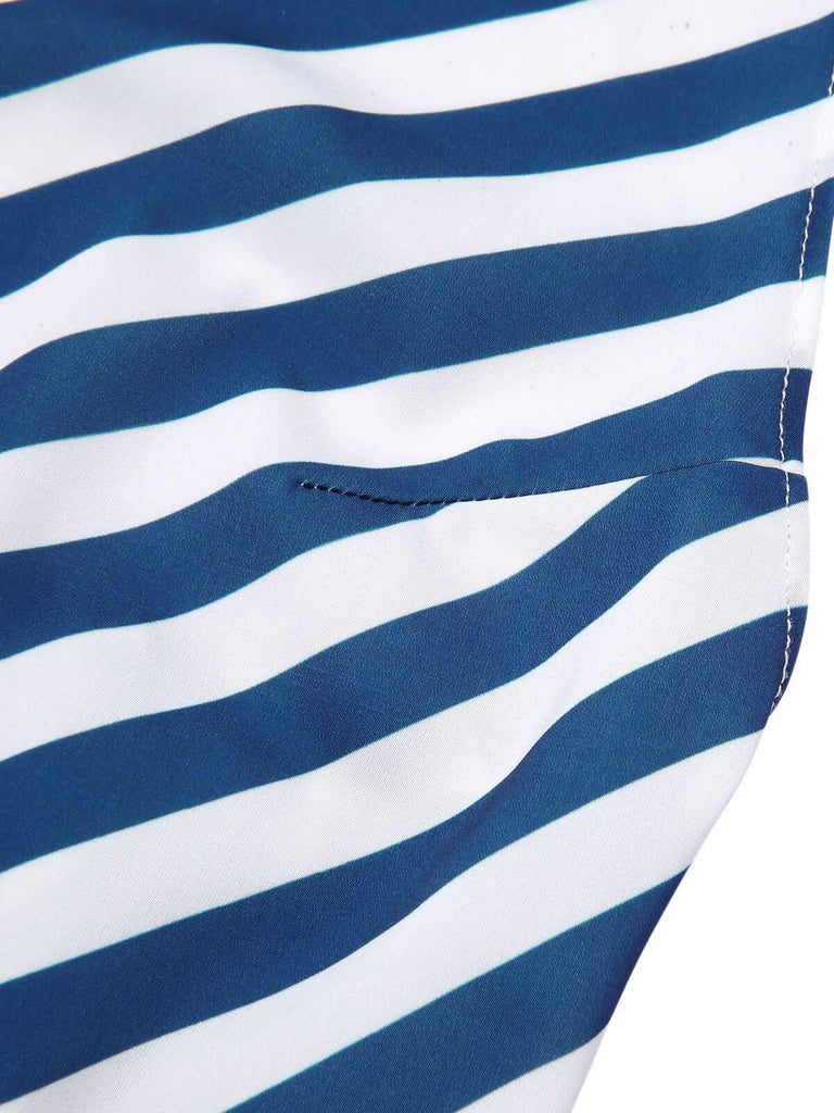 She finds her 1940s story in this Blue 1940s Symmetrical Stripe V-Neck Halter Romper