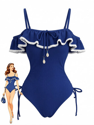 Blue 1940s Seashell Pendant Ruffle One-Piece Swimsuit - vintage swimsuit, pin-up swimwear for vintage lovers