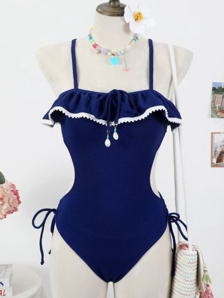 Blue 1940s Seashell Pendant Ruffle One-Piece Swimsuit - vintage swimsuit, pin-up swimwear for vintage lovers