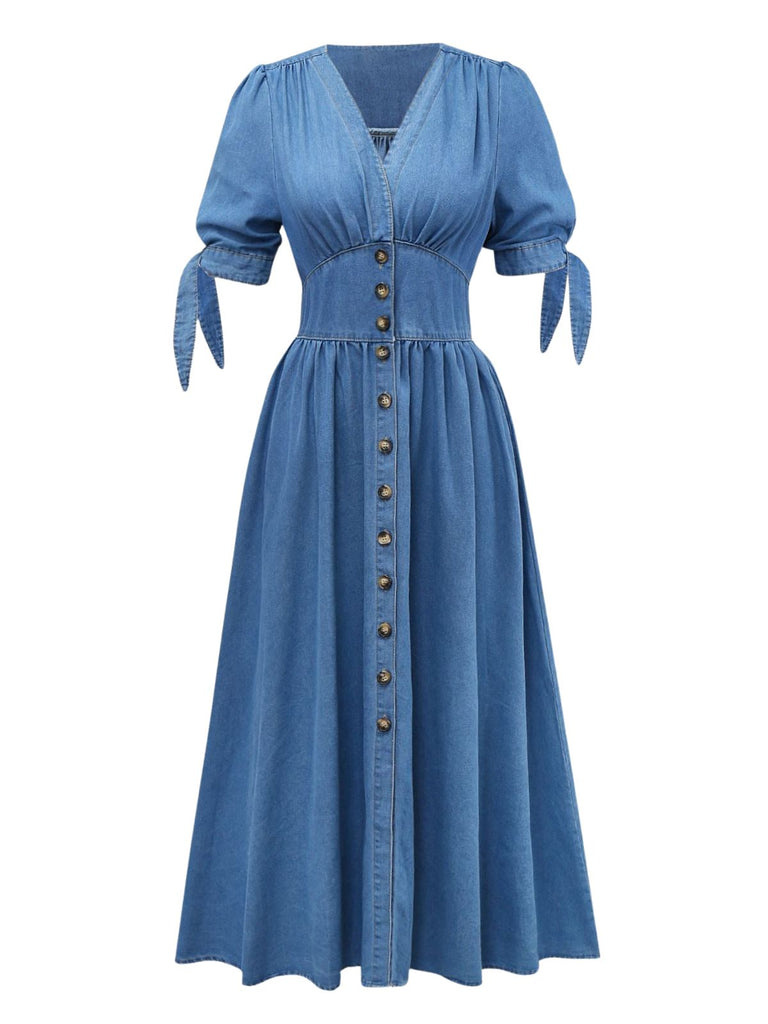 Blue 1940s V-Neck Knot Cuff Denim Dress - vintage dress, retro fashion