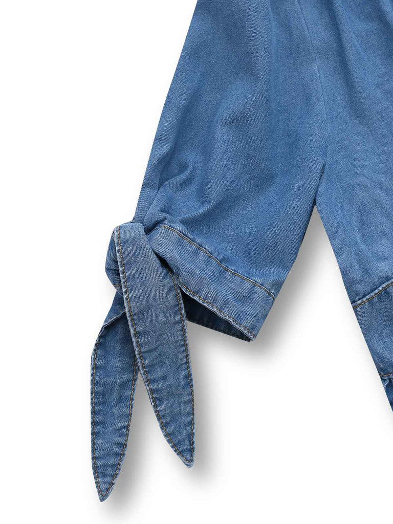 Blue 1940s V-Neck Knot Cuff Denim Dress - vintage dress, retro fashion