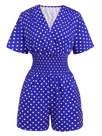 She finds her 1940s story in this Blue 1940s V-Neck Polka Dots Romper