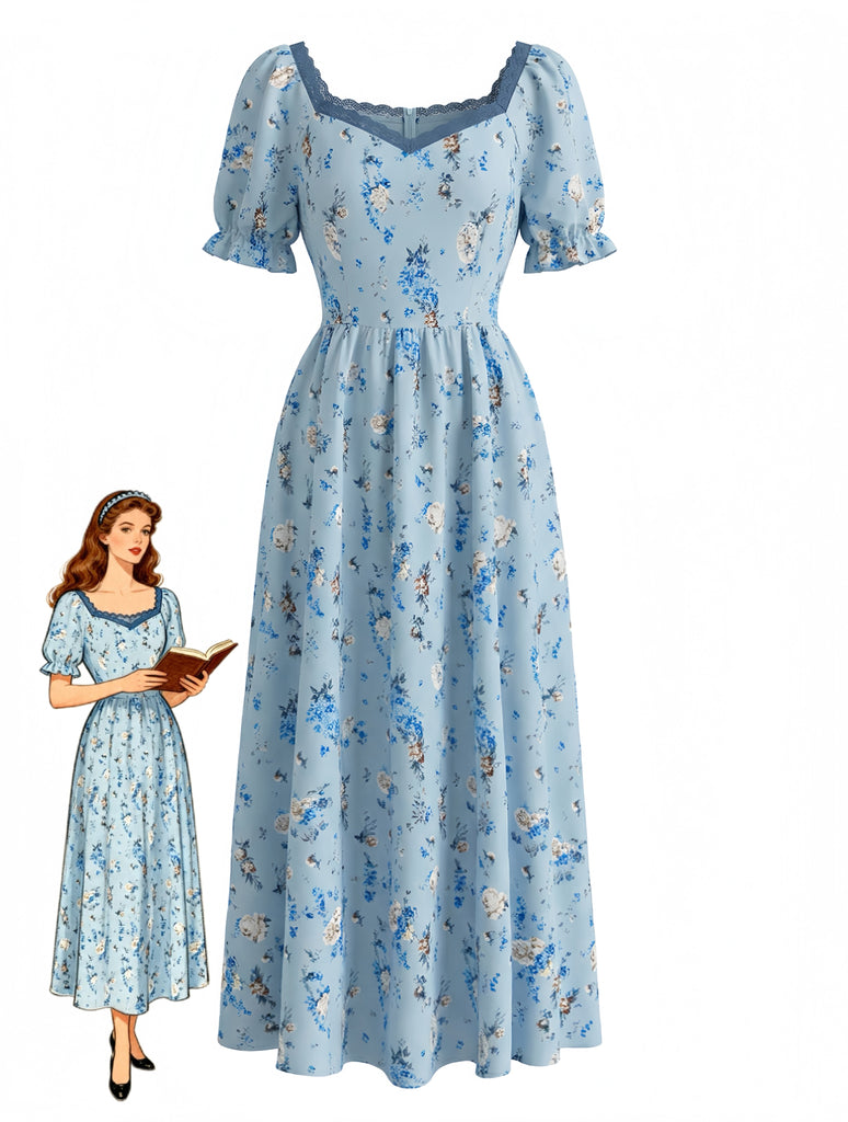 Blue 1940s Vintage Floral Print Swing Dress, vintage dress, retro fashion, rockabilly, pin-up fashion - perfect for women who love vintage and retro fashion