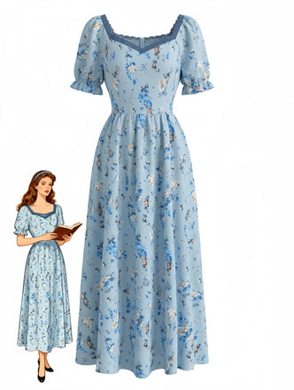 Blue 1940s Vintage Floral Print Swing Dress, vintage dress, retro fashion, rockabilly, pin-up fashion - perfect for women who love vintage and retro fashion