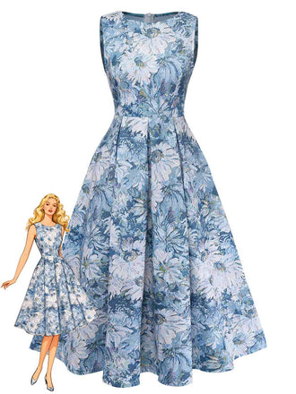 Blue 1950s All-Over Oil Painting Floral Sleeveless Dress - vintage dress, retro fashion, elegant style for vintage lovers