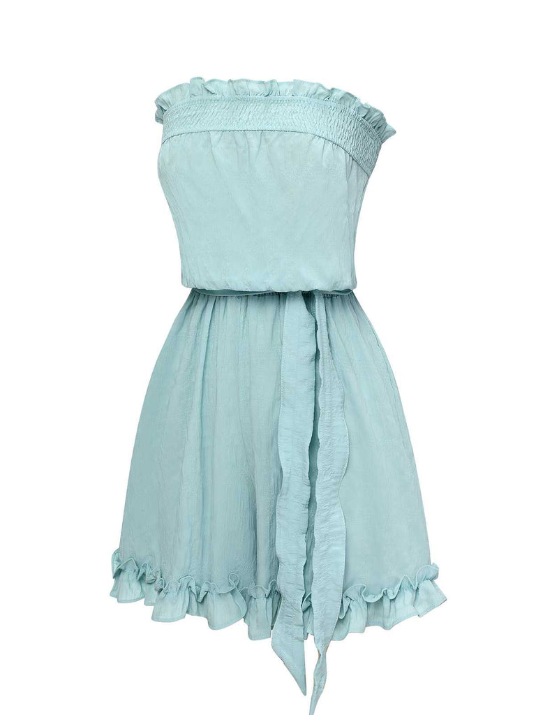 Blue 1950s Bandeau Ruffles Belted Romper: 1950s detail work for the woman who notices