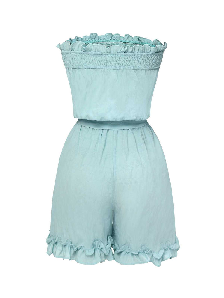 This Blue 1950s Bandeau Ruffles Belted Romper carries 1950s stories waiting to be told