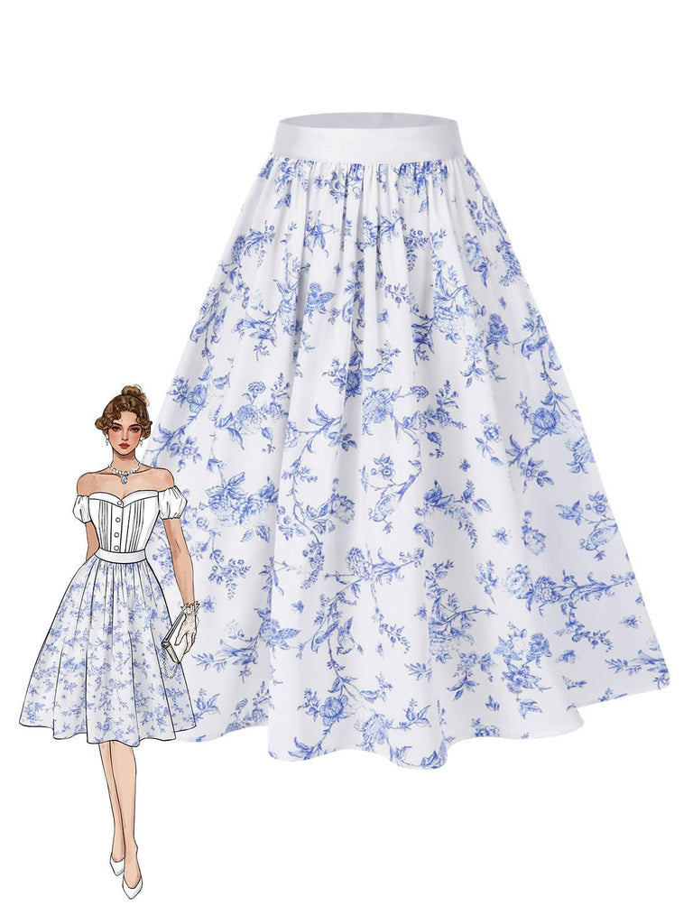 Blue 1950s Blue & White Porcelain Floral Skirt - vintage skirt, retro style, pure white
