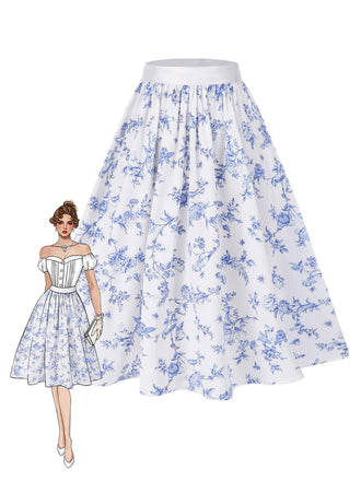 Blue 1950s Blue & White Porcelain Floral Skirt - vintage skirt, retro style, pure white