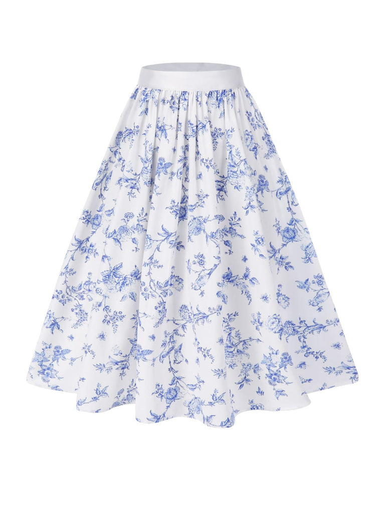 Blue 1950s Blue & White Porcelain Floral Skirt - vintage skirt, retro style, pure white