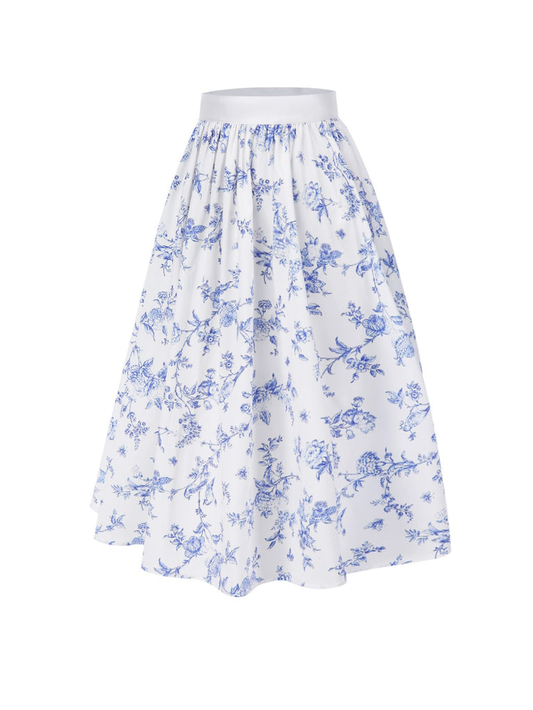 Blue 1950s Blue & White Porcelain Floral Skirt - vintage skirt, retro style, pure white