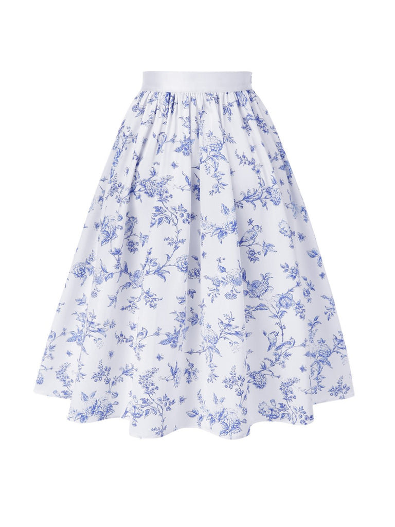 Blue 1950s Blue & White Porcelain Floral Skirt - vintage skirt, retro style, pure white