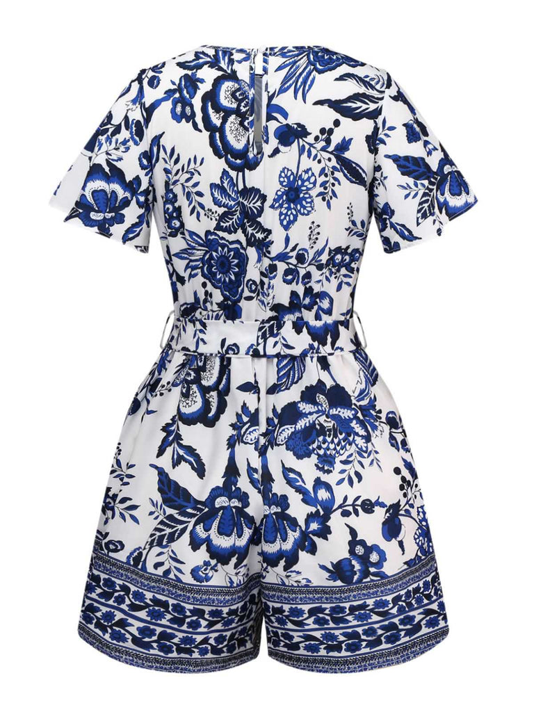 Blue 1950s Blue-White-Porcelain Floral Belted Romper - vintage jumpsuit, retro fashion, pure white