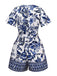 Blue 1950s Blue-White-Porcelain Floral Belted Romper - vintage jumpsuit, retro fashion, pure white