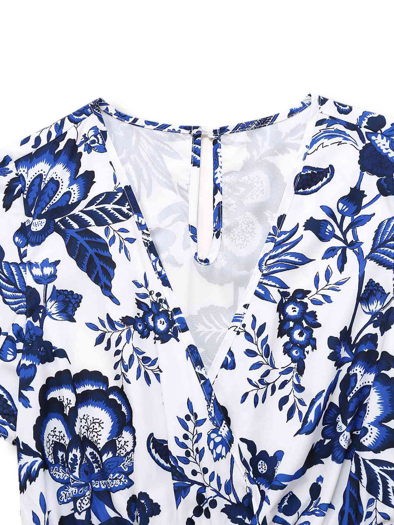 Blue 1950s Blue-White-Porcelain Floral Belted Romper - vintage jumpsuit, retro fashion, pure white