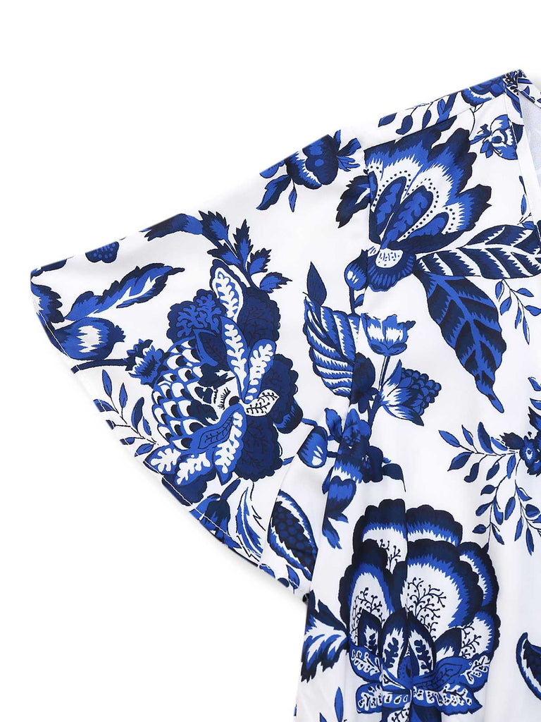 Blue 1950s Blue-White-Porcelain Floral Belted Romper - vintage jumpsuit, retro fashion, pure white