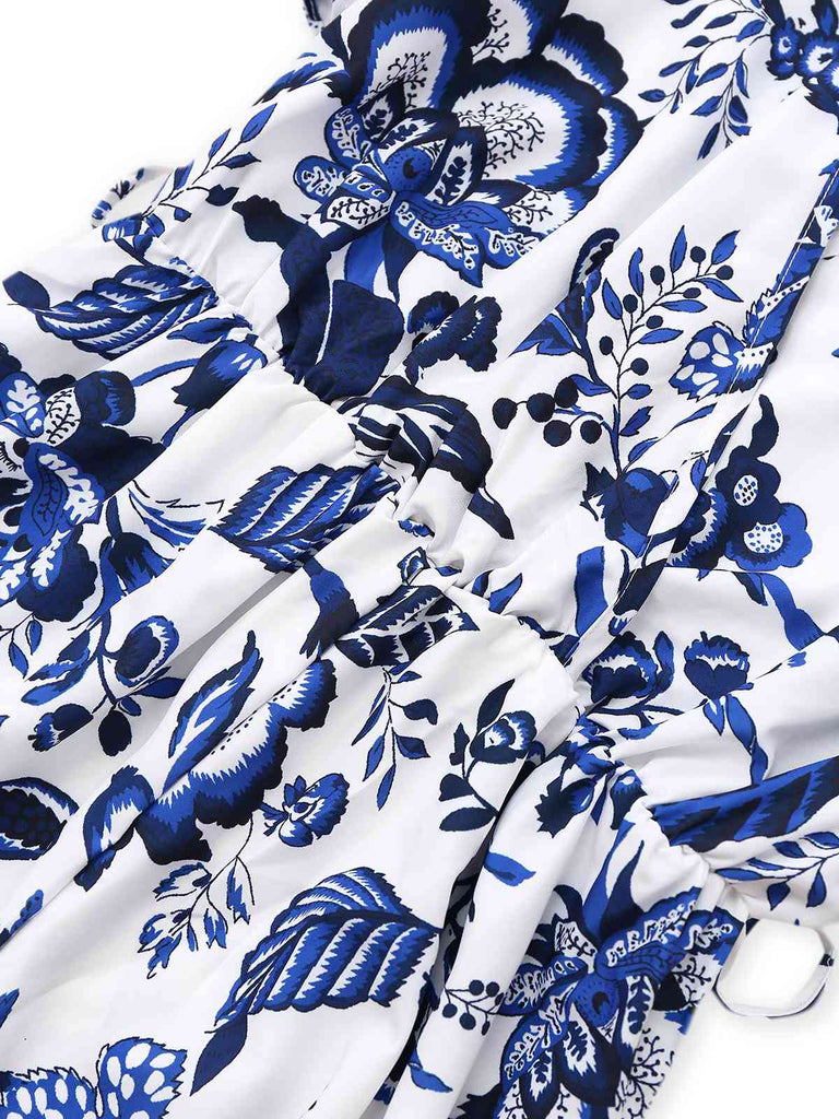 Blue 1950s Blue-White-Porcelain Floral Belted Romper - vintage jumpsuit, retro fashion, pure white