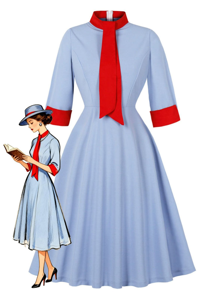 Blue 1950s Contrast Tie-Neck High Collar Dress - vintage dress, retro fashion, rockabilly