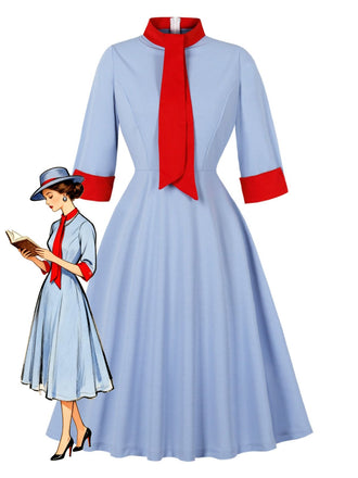 Blue 1950s Contrast Tie-Neck High Collar Dress - vintage dress, retro fashion, rockabilly