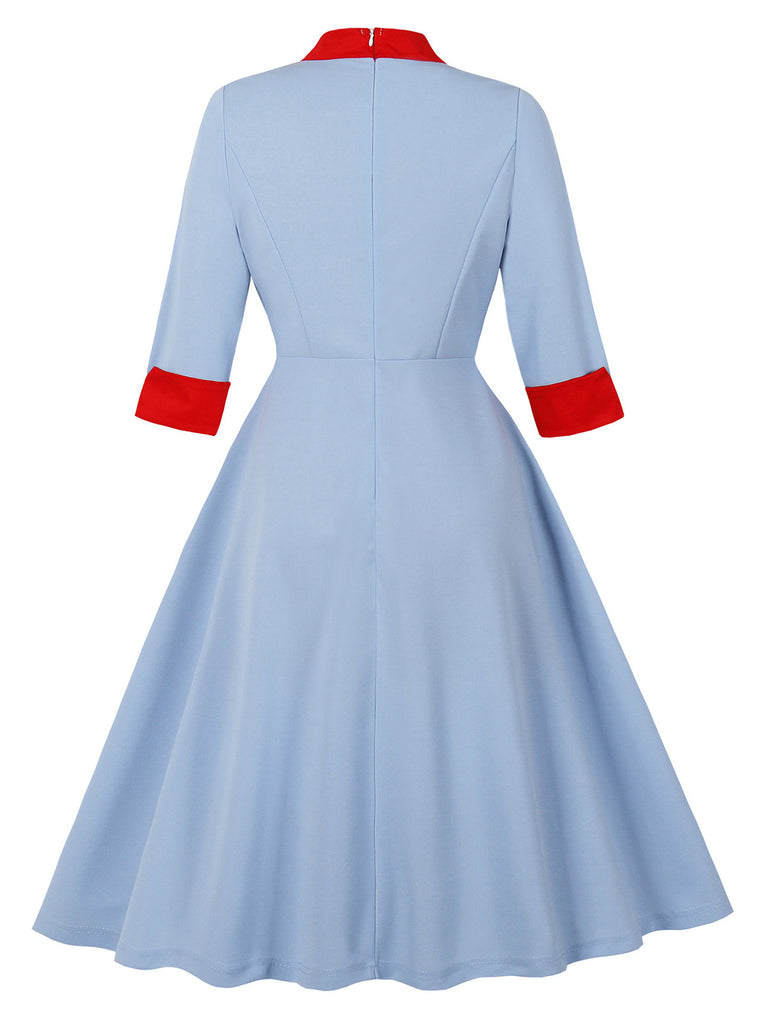 Blue 1950s Contrast Tie-Neck High Collar Dress - vintage dress, retro fashion, rockabilly