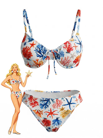 Blue 1980s Print Two Piece Bikini Set 2