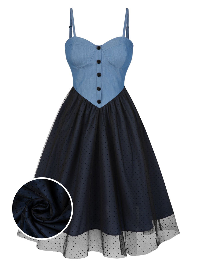 Blue 1950s Denim Polka Dot Mesh Patchwork Dress, vintage dress, retro fashion, rockabilly, pin-up fashion - perfect for women who love vintage and retro fashion