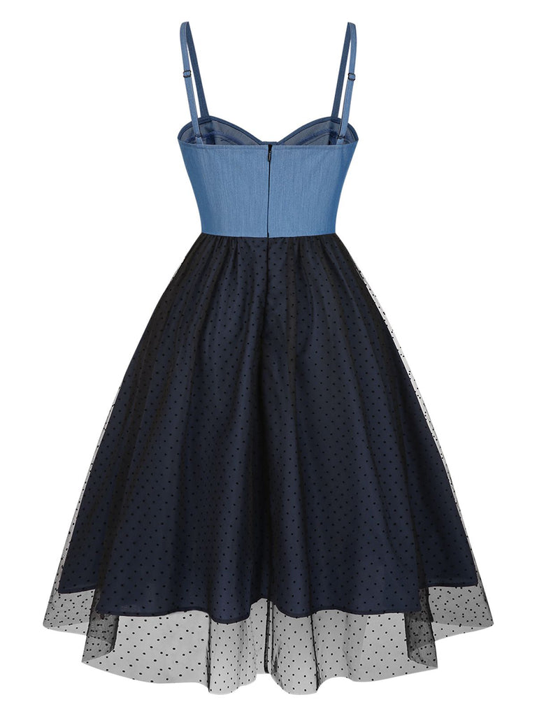 Blue 1950s Denim Polka Dot Mesh Patchwork Dress, vintage dress, retro fashion, rockabilly, pin-up fashion - perfect for women who love vintage and retro fashion