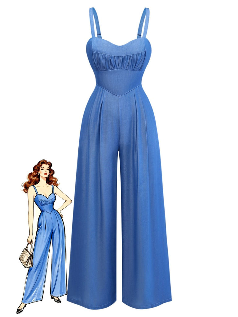 Blue 1950s Denim Spaghetti Strap Ruched Jumpsuit - vintage romper, retro jumpsuit for vintage lovers