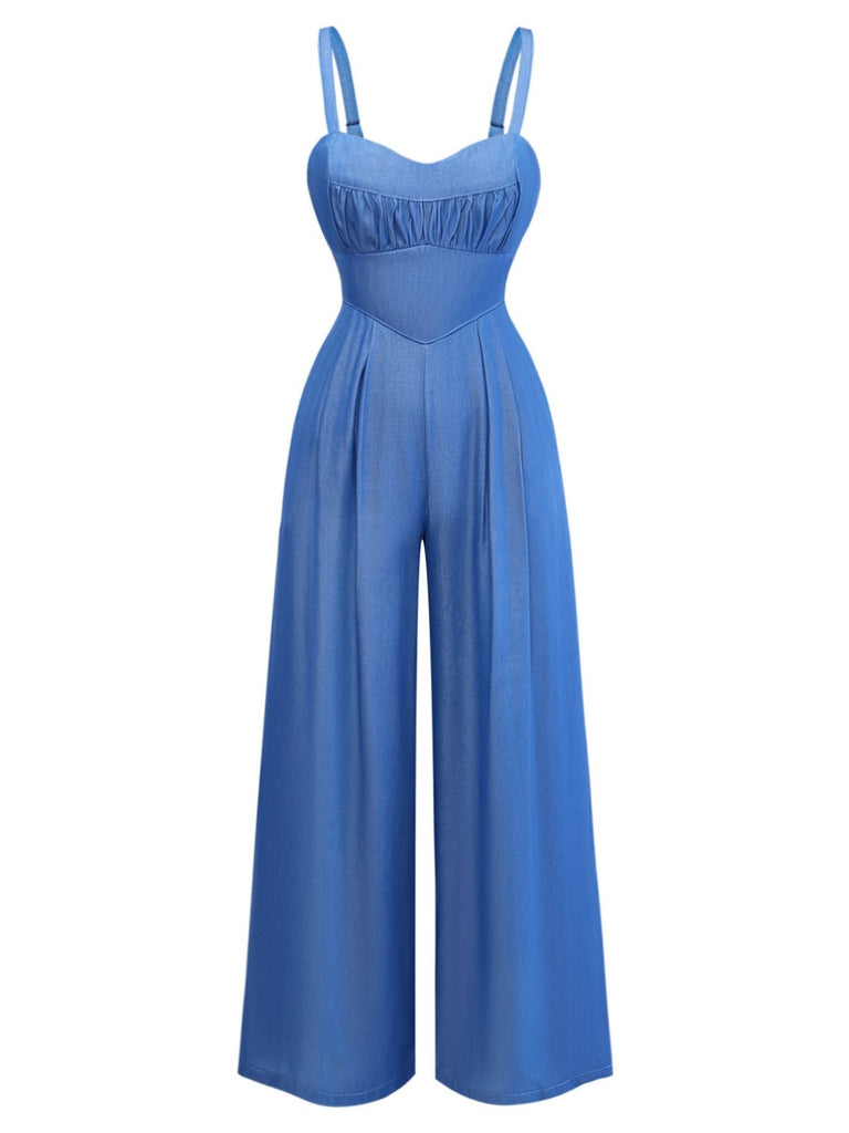 Blue 1950s Denim Spaghetti Strap Ruched Jumpsuit - vintage romper, retro jumpsuit for vintage lovers