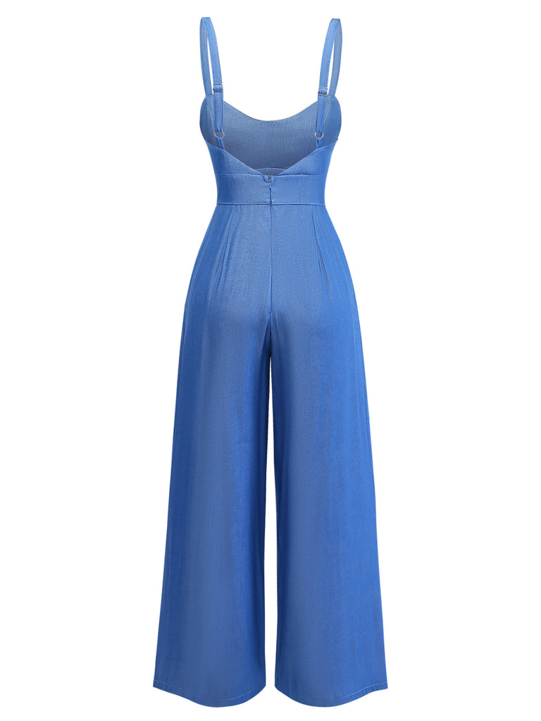 Blue 1950s Denim Spaghetti Strap Ruched Jumpsuit - vintage romper, retro jumpsuit for vintage lovers