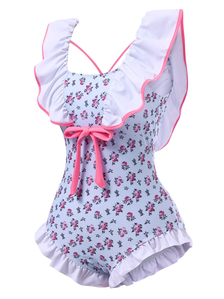 Blue 1950s Ditsy Floral Bow Ruffled Swimsuit, vintage swimsuit, pin-up swimwear - perfect for women who love vintage and retro fashion