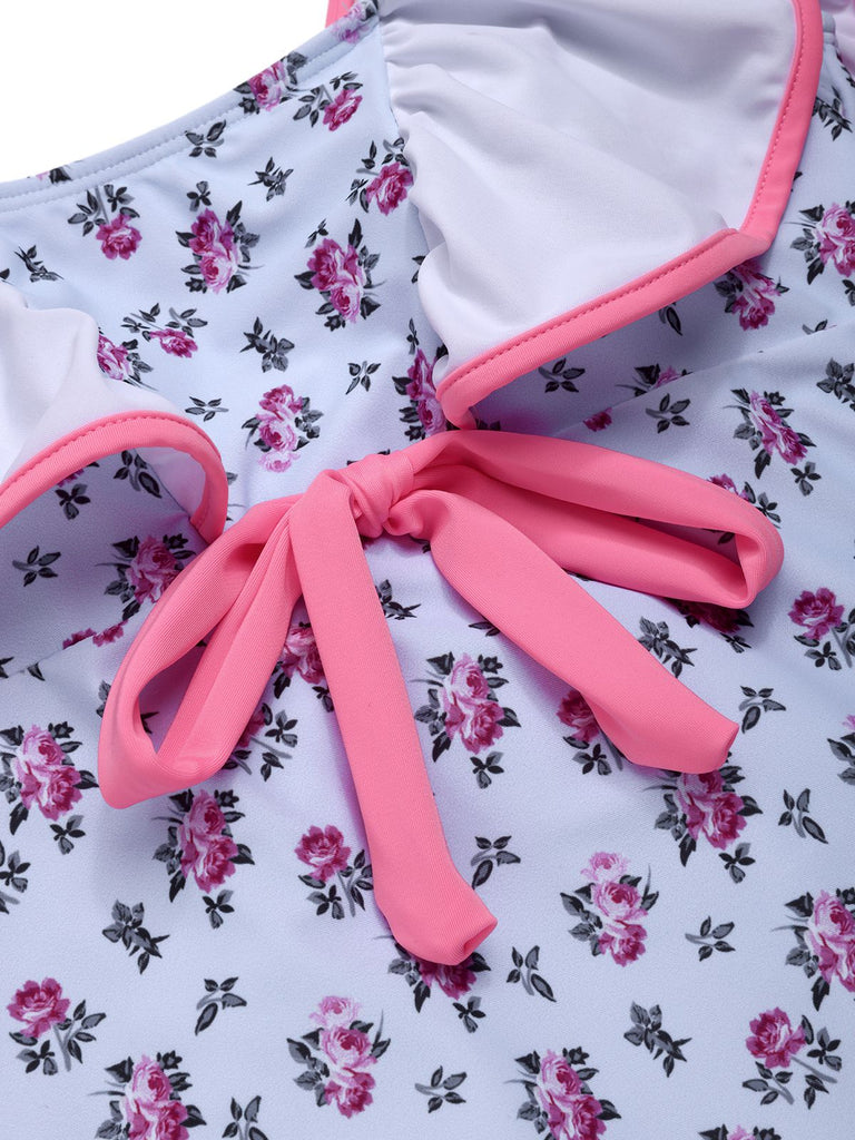 Blue 1950s Ditsy Floral Bow Ruffled Swimsuit, vintage swimsuit, pin-up swimwear - perfect for women who love vintage and retro fashion