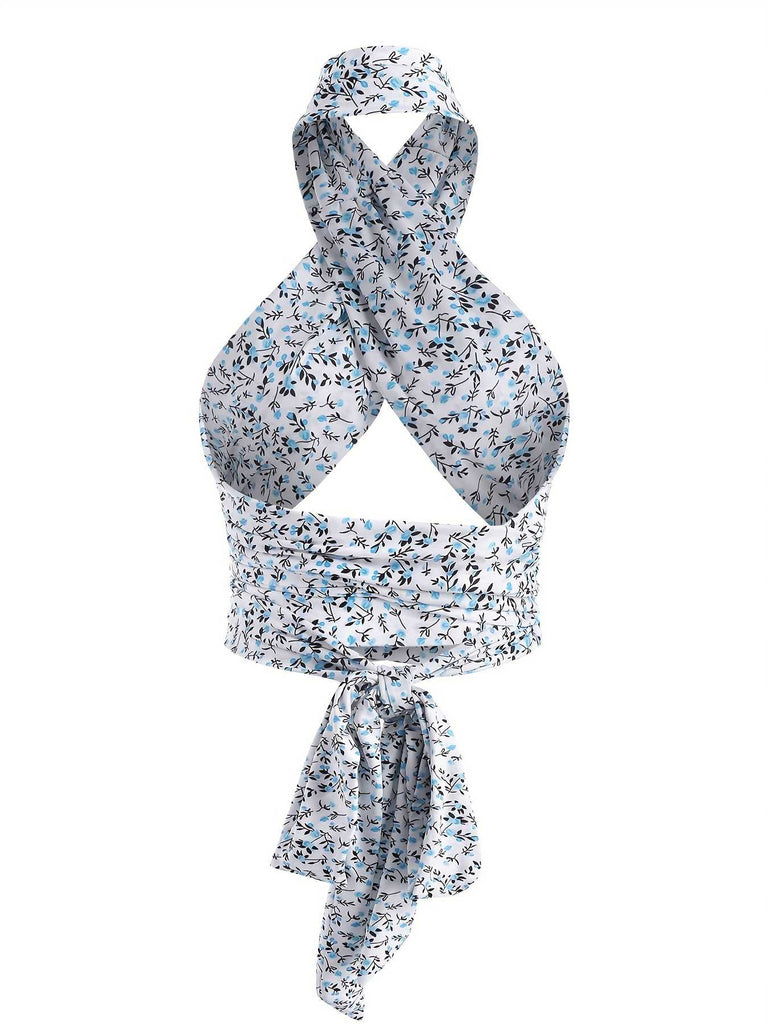 Blue 1950s Ditsy Floral Lace-Up Crop Camisole: a 1950s classic that whispers rather than shouts