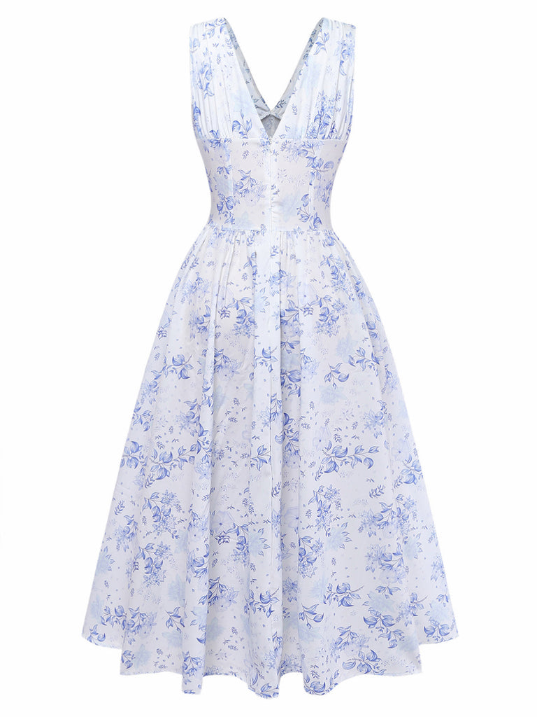 Blue 1950s Floral Deep V Sleeveless Corset Midi Dress | vintage dress, retro fashion, elegant style - perfect for retro fashion enthusiasts