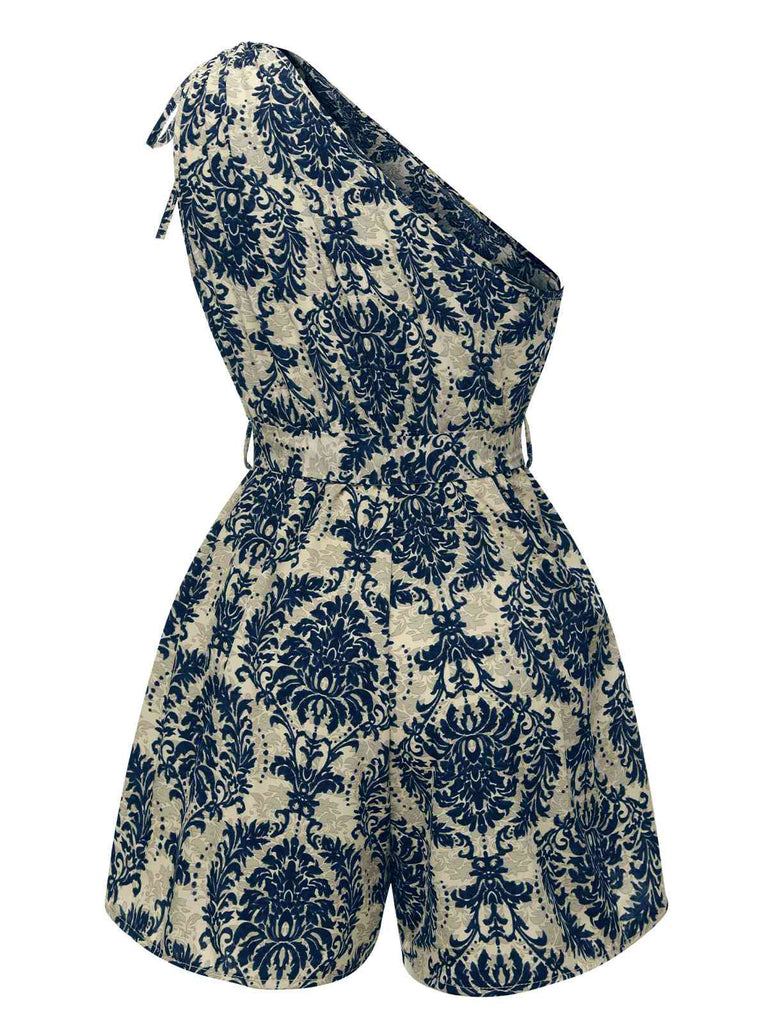 Blue 1950s Floral Print One Shoulder Romper, vintage romper, retro jumpsuit - perfect for women who love vintage and retro fashion