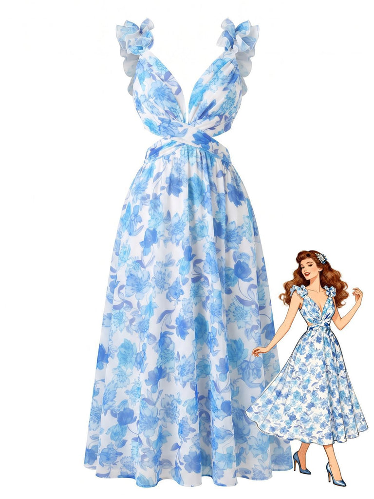 Blue 1950s Floral Print Ruffle Straps Cutout Maxi Dress, vintage dress, retro fashion, rockabilly, pin-up fashion - perfect for women who love vintage and retro fashion