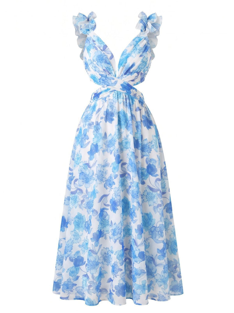 Blue 1950s Floral Print Ruffle Straps Cutout Maxi Dress, vintage dress, retro fashion, rockabilly, pin-up fashion - perfect for women who love vintage and retro fashion