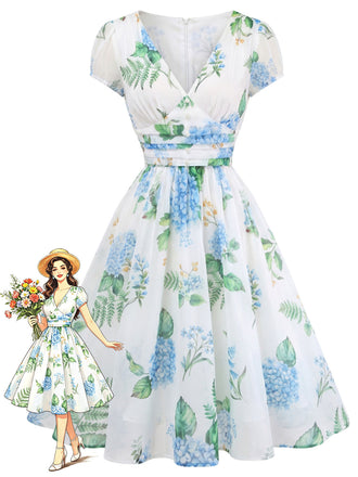 [Pre-Sale] Blue 1950s Floral Print V-Neck Swing Dress, vintage dress, retro fashion, rockabilly, pin-up fashion - perfect for women who love vintage and retro fashion