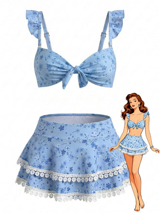 Blue 1950s Floral Ruffle Strap Lace-Trim Bikini Set - vintage swimsuit, pin-up swimwear for vintage lovers