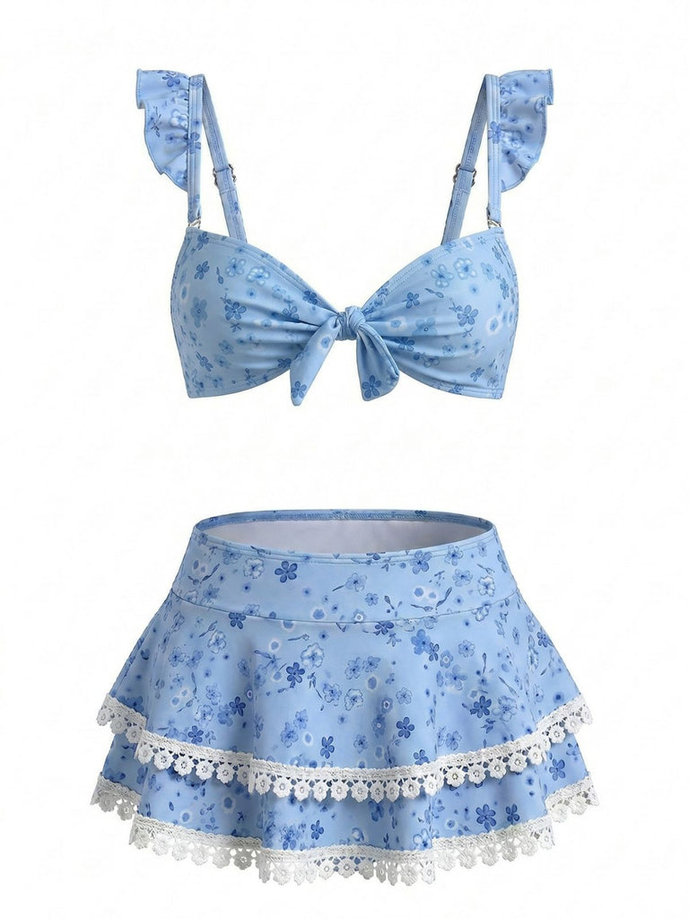 Blue 1950s Floral Ruffle Strap Lace-Trim Bikini Set - vintage swimsuit, pin-up swimwear for vintage lovers