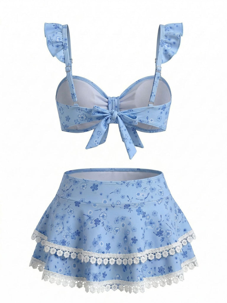 Blue 1950s Floral Ruffle Strap Lace-Trim Bikini Set - vintage swimsuit, pin-up swimwear for vintage lovers