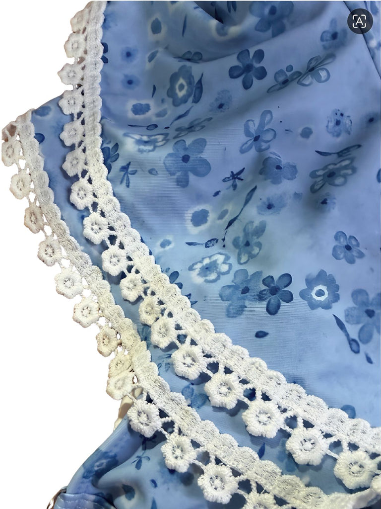 Blue 1950s Floral Ruffle Strap Lace-Trim Bikini Set - vintage swimsuit, pin-up swimwear for vintage lovers