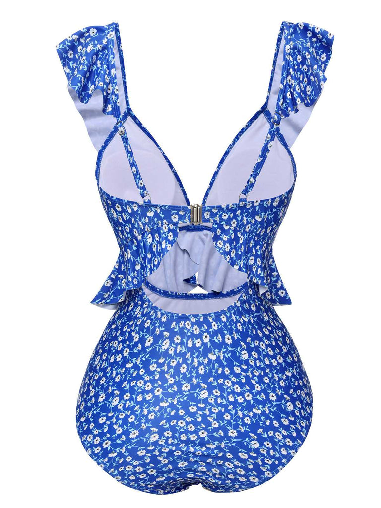 This Blue 1950s Floral Ruffles One-Piece Swimsuit carries 1950s vacation dreams in every stitch