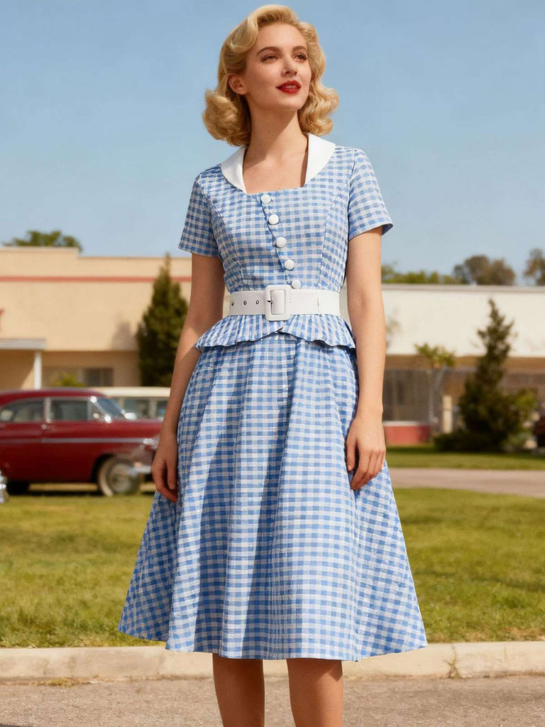 Blue 1950s Gingham Plaid Ruffle Swing Dress - vintage dress, retro fashion, rockabilly